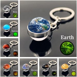 Glow In The Dark Solar System Planet Keyring Galaxy Nebula Luminous Keychain Moon Earth Sun Double Side Glass Ball Key Chain