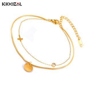 KIOOZOL Boho 2 Circles Lucky Girl Letter Coin and Cross Stainless Steel Gold Hollow Anklet for Women Hot beach Jewelry DP1