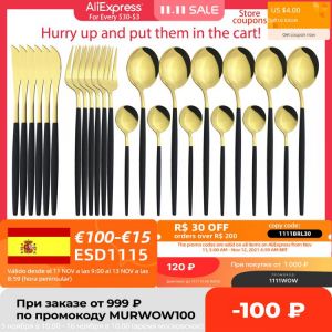24Pcs/Set Stainless Steel Dinner Black Gold Dinnerware Set Knife Fork Coffee Spoon Cutlery Set Kitchen Tableware Silverware Sets