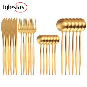 24pcs Gold Dinnerware Set Stainless Steel Tableware Set Knife Fork Spoon Flatware Set Cutlery Set Bright light