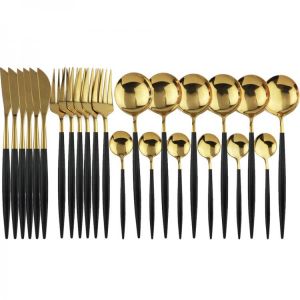 JANKNG 24Pcs Dinnerware Set Stainless Steel Cutlery Set Kitchen Tableware Knife Fork Spoon Flatware Black Gold Silverware for 6