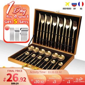24PCS Cutlery Set Stainless Knife Fork Spoon Flatware Tableware Set Gold Gift Box Portable Dinnerware Dishwasher Kitchenware