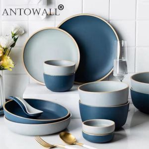 ANTOWALL Nordic ceramic porcelain dinner set for 1/2/4 person Morandi dishes cutlery set lovers' household plates