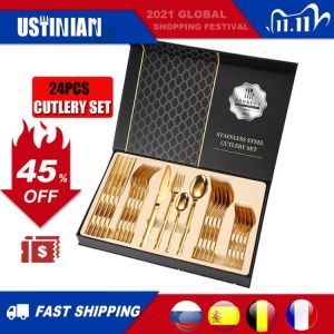 Gold Cutlery Set With Box Kitchen Fork Spoon Knife Set Tableware Teaspoons Spoon Fork Stainless Steel Cutlery Gold Dinnerware
