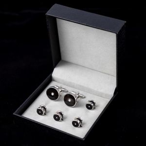Trendy Black Enamel Cufflinks Studs Set with Gift Box Round Shape Cufflinks Rhinestone Decoration Tuxedo Shirt Men Jewelry Gift