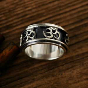 S925 Sterling Silver Retro Thai Silver Trend Sanskrit Rotable Ring Men's Wide Face Fashion Ring