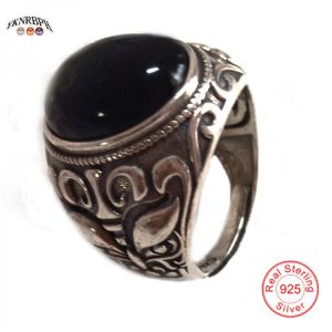 YKNRBPH New beast face men's S925 sterling silver ring retro craft inlaid black agate anniversary adjustable ring jewelry