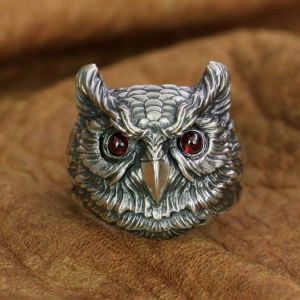 925 Sterling Silver Red Eyes Owl Ring Mens Biker Punk Ring TA261 US Size 7 to 15