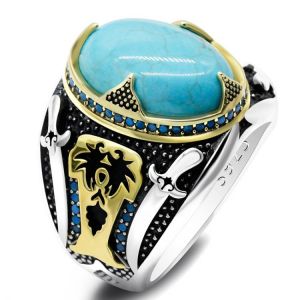 Islamic Men Ring with Natural Turquoise 925 Sterling Silver Muslim Blue Gem Stone Double Swords Rings Punk Turkish Jewelry Gift