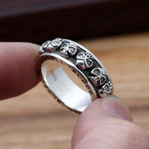 Real 925 Sterling Silver Rotatable Men Ring Retro Antique Skull Punk Spinner Ring Fine Jewelry