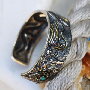 Retro Ethnic Style Craftsman Silver Handmade S925 Sterling Silver Dragon Playing A Ball Men's Personality Wide Bracelet