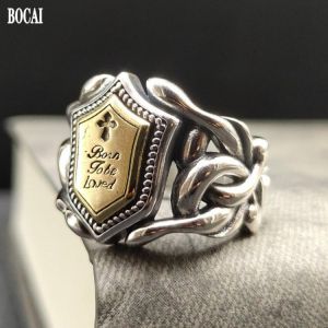 BOCAI 2021 trend 100% s925 Silver JewelrySix-Character Mantra ring for Men Daming Mantra Adjustable Wide Version Ethnic Man Ring
