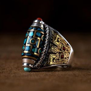 The New Transfer Nine-eyed Dzi Ring Can Rotate Six-character Mantra Retro Domineering Ring Jewelry Accessories