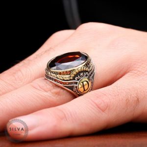 Customisable Original 925 Sterling Silver Ring for Men With Zircon Stone Two Letters Can Be Written On Order