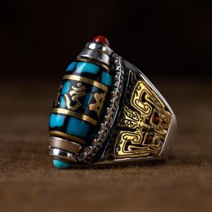 The New Transfer Nine-eyed Dzi Ring Can Rotate Six-character Mantra Retro Domineering Ring Jewelry Accessories