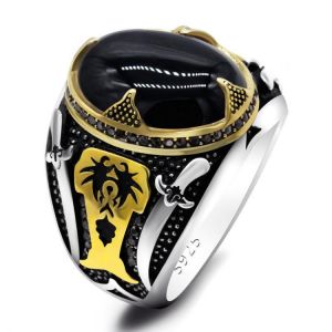 Guaranteed 925 Silver Rings Antique Turkey Ring For Men Islam Muslim Double Sword Black Natural Agate Turkish Male Rock Jewelry