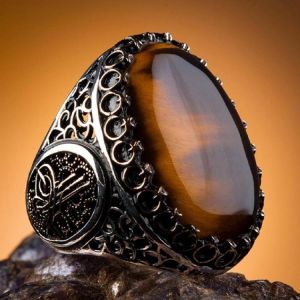 Big Tiger Eyes Gemstone Ring Oval Handcarved Men Ring Ottoman Coat of Arms Style Men Ring High Quality Fashionable