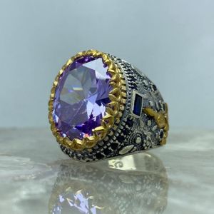 Turkish handmade 925K sterling silver jewelry amethyst men's ring all size