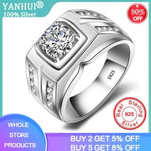 YANHUI With Certificate European Fashion Man Party Wedding Gift 1ct Cubic Zircon 925 Sterling Silver Rings for Men MJZ004