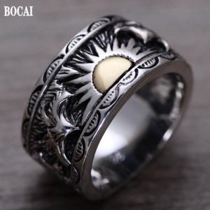 BOCAI  S925 Stetrling Silver Charm Rings  2021 Popular Sun Retro Totem Pure Argentum Fashion Hand Ornaments for Men