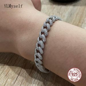Real 925 Silver Cuban Link Chain 16-19 CM Bracelet & 50-60CM Necklace Full Bling Zircon Hip Hop Rock Fine Jewelry For Men Wome