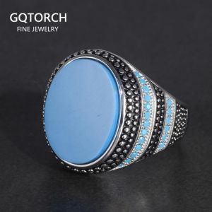 Guaranteed Silver 925 Mens Rings With Stone Simulated Turquoise Retro Vintage Turkish Finger Rings Man Jewelry
