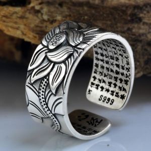 100% Real 999 Pure Sterling Silver Jewelry Lotus Flower Open Ring For Men Male Fashion Free Size Buddhistic Heart Sutra Rings