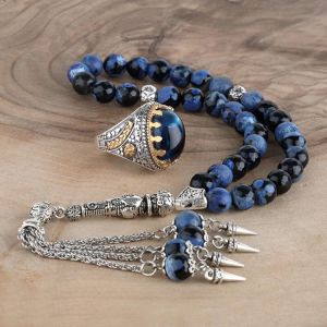 Agate Men's Jewelry Set 925 Sterling Silver Ring and Rosary for Men Tasbih Handmade 33 Beads Tassel Accessory Male Vintage Fa
