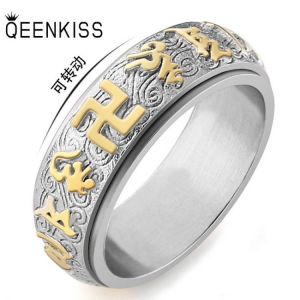 QEENKISS RG823 Fine Jewelry Wholesale Fashion New Man Boy Birthday Wedding Gift Rotatable Retro Titanium Stainless Steel Ring
