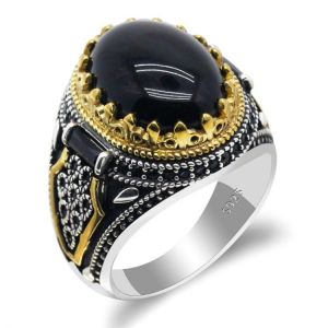 Natural Agate Stone 925 Silver Men's Ring  Power Auspicious Ring Handmade Turkish Signet Rings Rock Jewelry Gift for Women Me