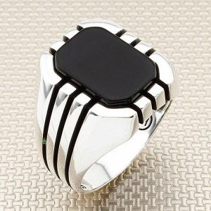 Rectangle Black Onyx Stone Men Silver Ring With Three Lines Motif Made in Turkey Solid 925 Sterling Silver