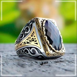 925 Sterling Silver Ring For Man Real Pure Natural Aquamarine Zircon Stone Patterned Embroidered Handmade Turkish Jewelry