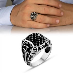 Men Silver Ring with Sword Signet, Large Ring, 925 Sterling Silver