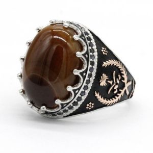 925 Sterling Silver Islamic Men Ring with Oval Natural Stone Rings for Male Women Crown Lucky Grass Symbol Punk Turkish Jewelry