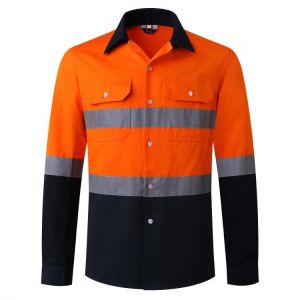 AS/NZS Mens High Visibility Miner Shirt Two Tone Work Shirt Reflective Orange and Navy Safety Cotton Shirt