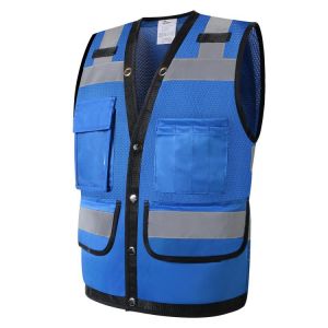 Blue mesh safety vest with pockets Hi vis construction work vest