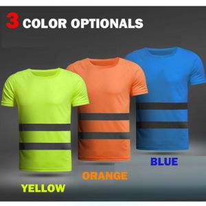 Fluorescent yellow orange high visibility safety work shirt summer breathable work t shirt reflective t-shirt mens women