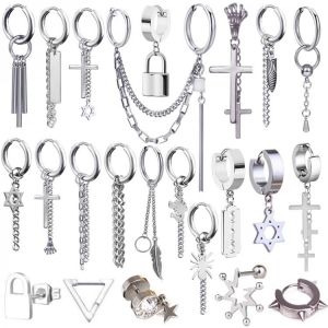 Korea Popular Hip Hop Kpop Boys Trendy Stud Earrings with Leaf Cross Stainless Steel Pendant Earrings Jewelry for Men Women