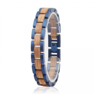 High Quality Handmade Wholesale Custom Mens Steel Wood Bracelet Blue Plated Wrist Band Man Charm Bracelets Wood Pulsera Madera