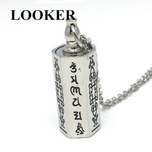 LOOKER Six Words of Mantra Buddish Symbol Mens Pendants Necklaces Can Open Stainless Steel Male Jewelry Urns for Ashes