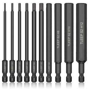 10pcs Hex Head Allen Wrench Drill Bit Set 100mm S2 Steel Allen Screwdriver Bits 1.5mm to 12mm Metric Hex Key Allen Bits with Mag