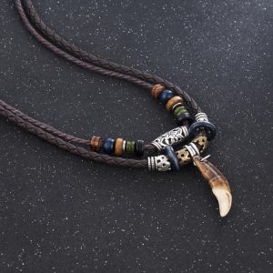 1PC Men's Bohemia Tooth Pendant Leather Beaded Weaved Necklace Christmas Gift Jewelry statement necklace initial necklace