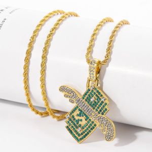 Wings Money Dollar Crystal Pendant Necklace Hip-hop Rock Shine Funny Jewelry For Man Street Style Rapper Bling For Male Friend