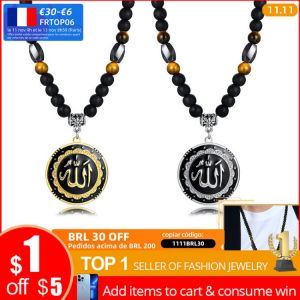Vnox Allah Long Necklaces for Men, Stainless Steel Round Faith Pendant with Tiger Eye Beads Chain,Vintage Male Sweater Chain