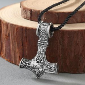 QIAMNI Vintage Men Jewelry Norse Viking Thor's Hammer Knot Wolf Mjolnir Pendant Necklace Amulet Slavic Punk Accessories Choke