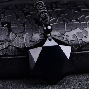 Natural Black Obsidian Onyx Pendant Necklace Lucky Amulets for Men and Women With Rope Chain
