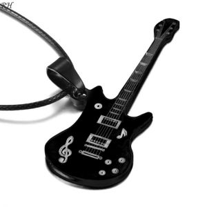 Fashion Men Guitar Necklace Pendants Adjustable Black Rope Leather Chain 316L Stainless Steel Women Necklace