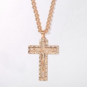 Men's Hammered Cross Pendant Necklace For Men 585 Rose Gold Snail Link Chain Prayer Choker Male Jewelry Birthday Gifts GP437