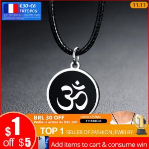 Vnox Sports OM AUM Pendant Necklaces for Men Male with 24" Black Genuine Leather Rope Chain