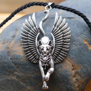 Egypt Cat Angel Wings Bastet Ethnic Cat Jewelry Male WICCA Pagan Talisman Egyptian Sphinx Jwelry for Women Men Amulet Necklace